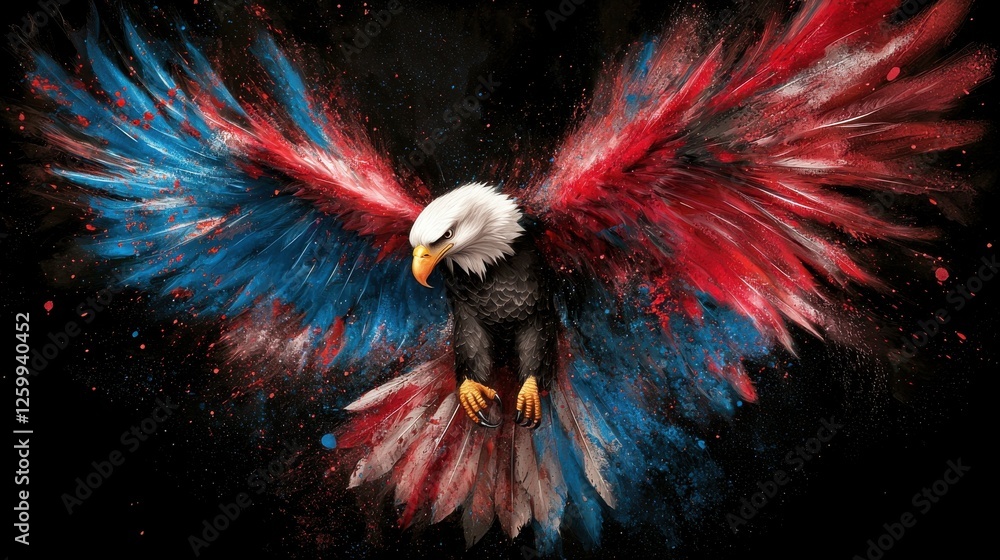 Poster mythical fiery bird spreading colorful feathered wings in dynamic flight