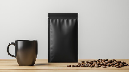 Detailed close-up of a black coffee bag mockup ideal for marketing campaigns.