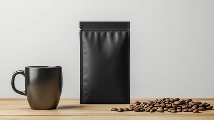 Gordijnen Detailed close-up of a black coffee bag mockup ideal for marketing campaigns. © PixelMinds