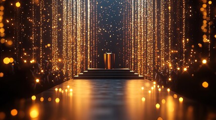 A formal awards podium with sparkling lights, audience applauding a winnerâ€™s acceptance speech