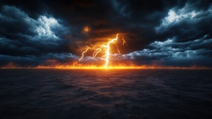 Dramatic lightning striking over a turbulent ocean under a stormy sky during sunset.