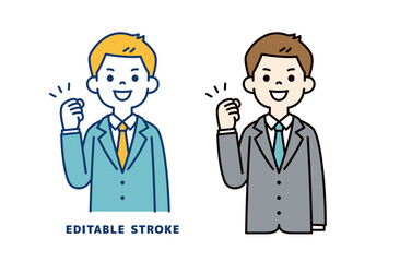 笑顔でガッツポーズをする、若いビジネスマンのベクターイラスト素材＿線幅の編集可能