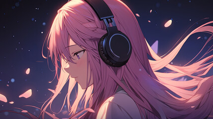 Anime-style young woman with pink hair and headphones, eyes closed, surrounded by floating petals, illuminated by soft night light and a gentle breeze