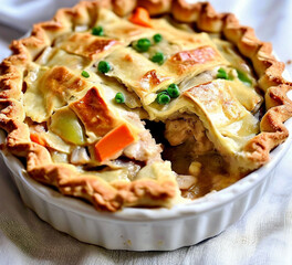 Classic chicken pot pie with a flaky crust filled with creamy chicken,and vegetables.