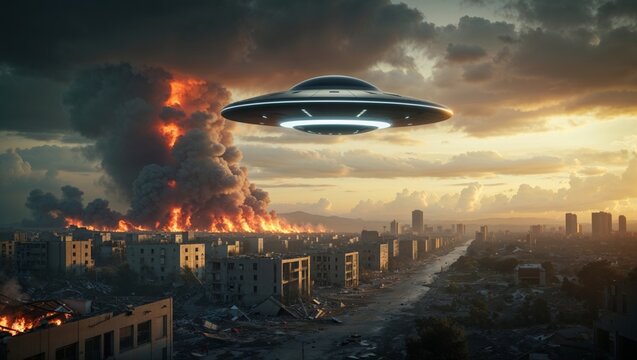 A sleek UFO hovers ominously above a city engulfed in flames, signaling a dystopian future.