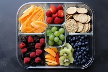 snack box with fruits and cookies, crackers