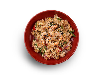 A vibrant and flavorful plate of fried rice with shrimp, topped with sesame seeds and green onions.