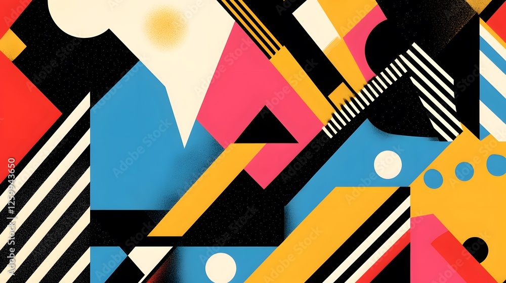 Poster dynamic geometric composition featuring bold colors and varied patterns