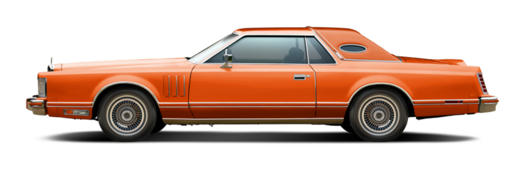 Classic American luxury car in orange. With a coupe body and a soft top in orange. In png format on a transparent background.
