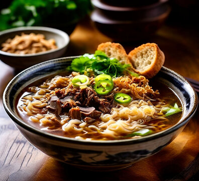 "Bachoy" is a Filipino noodle soup with pork, beef, and a rich savory broth.