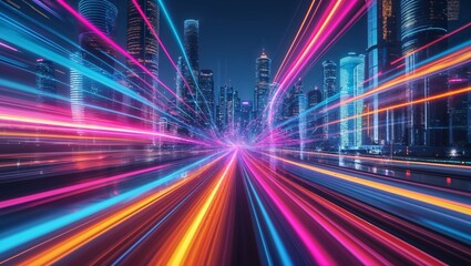 Vibrant light trails streak through a futuristic city, creating a sense of speed and innovation.