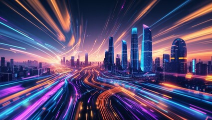 Vibrant light streaks illuminate a futuristic city skyline, creating a stunning abstract cityscape at night.