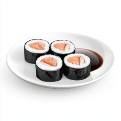 Plate of Sushi Rolls with soy sauce, isolated on white