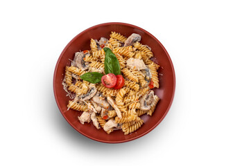 A vibrant and appetizing plate of creamy pasta with grilled chicken and mushrooms, topped with fresh basil and cherry tomatoes
