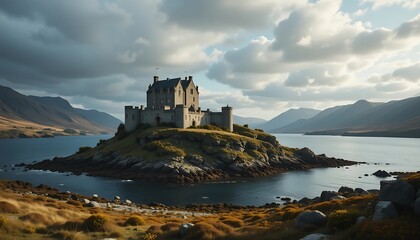 Majestic Castle on a Secluded Island in a Dramatic Mountain Landscape