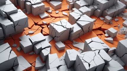 Create an abstract background with elements of cracks and fractures where surfaces intersect, creating a sense of destruction or division. Use contrasting colors to highlight these elements.