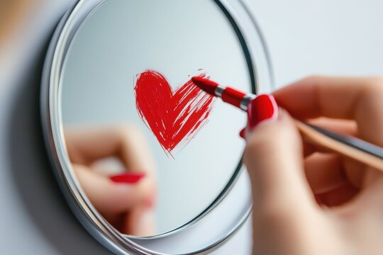 Girl draws a heart with red lipstick on a mirror, white background from the side. 
