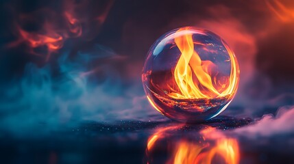 A crystal ball and a vibrant flame on a midnight blue background