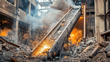 Industrial Demolition Sparks Fly From Conveyor Belt