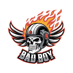 Biker Skull with wings and fire flame vector, bad boy biker design