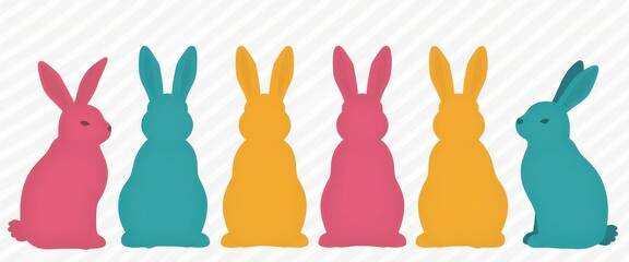 Vibrant Bunny Silhouette Collection: Symmetrical Design for Easter Wallpapers, Banners, and Posters  SVG, DXF, EPS, PNG Formats. A row of brightly colored rabbits on a striped background.