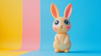 Fototapeta premium A cute plastic bunny wearing adhesive eye doll isolated on a colorful background