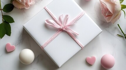 Gift box, roses and heart-shaped balls - flat lay composition on a white background. 