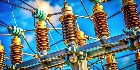 Macro Power Lines: High-Voltage Electricity Towers Against Vivid Blue Sky