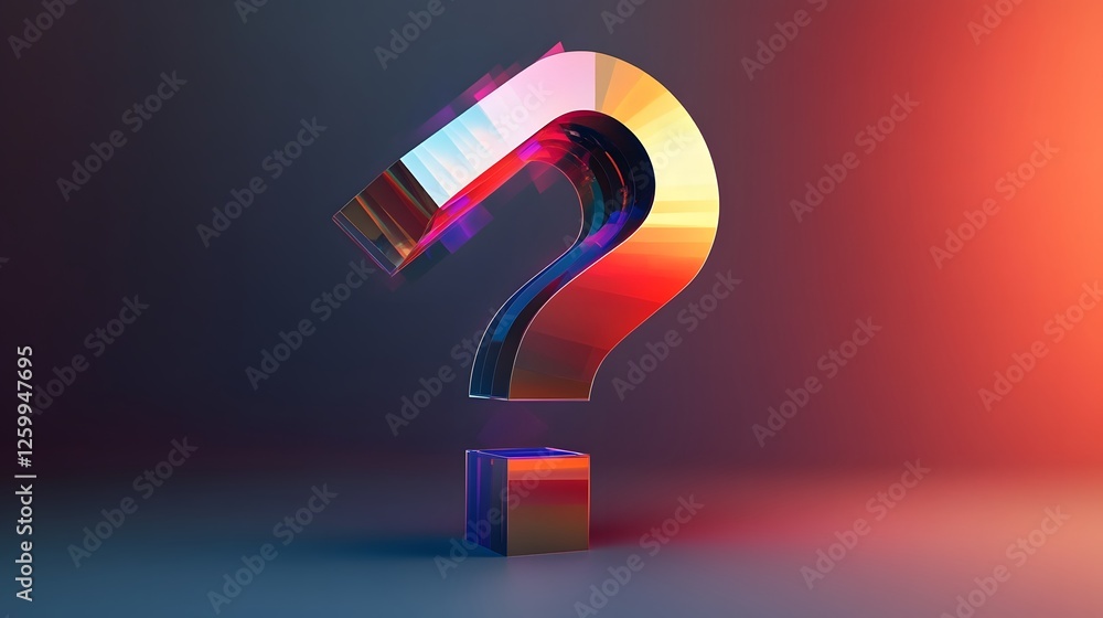 Poster iridescent question mark object with refracted light on display