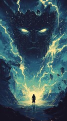 Obraz premium Person faces a colossal ominous face in a stormy landscape
