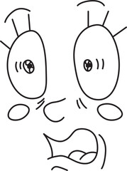 a very frightened face with wide open eyes with eyelashes and a frightened open twisted mouth