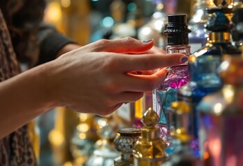 Selecting Perfume Bottles with Woman Hand at Colorful Arabian Market