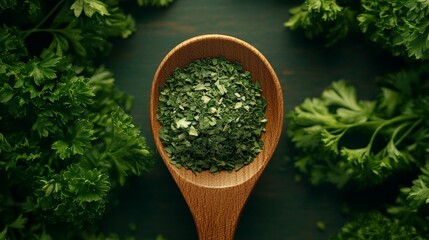A wooden spoon filled with dried parsley surrounded by fresh parsley leaves.