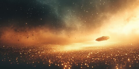 Fototapeta premium Spaceship flies through glittering galaxy with bright golden light