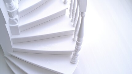 Close-up view of an elegant white spiral staircase with intricate wooden railings illuminated by soft light