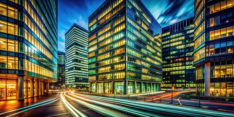 Fototapeta premium Night Cityscape: Illuminated Office Towers & Urban Glow