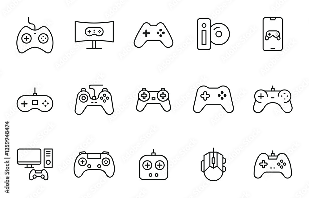 Fototapete gaming icon set. game controller and console line with stock illustration. gamepads. video game cont