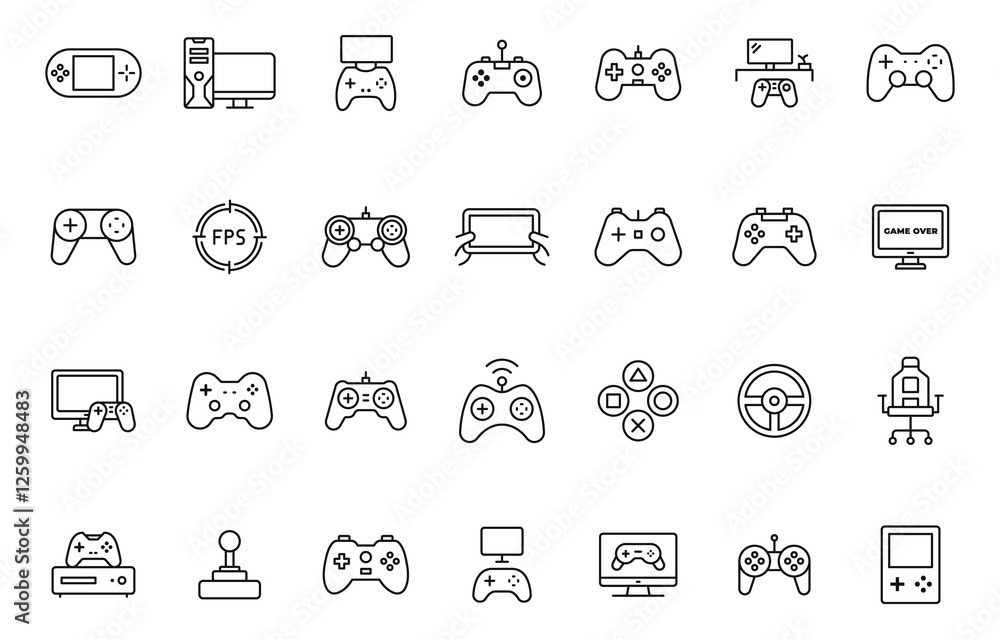 Aufkleber gaming icon set. game controller and console line with stock illustration. gamepads. video game cont