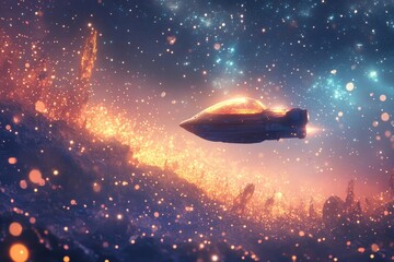 Obraz premium Futuristic spaceship flying through a sparkling nebula of cosmic dust