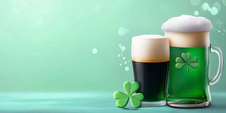 Two glasses of beer stand on a light green backdrop with one holding green beer decorated with a shamrock. This festive setting encapsulates the spirit of Saint Patrick's Day celebrations