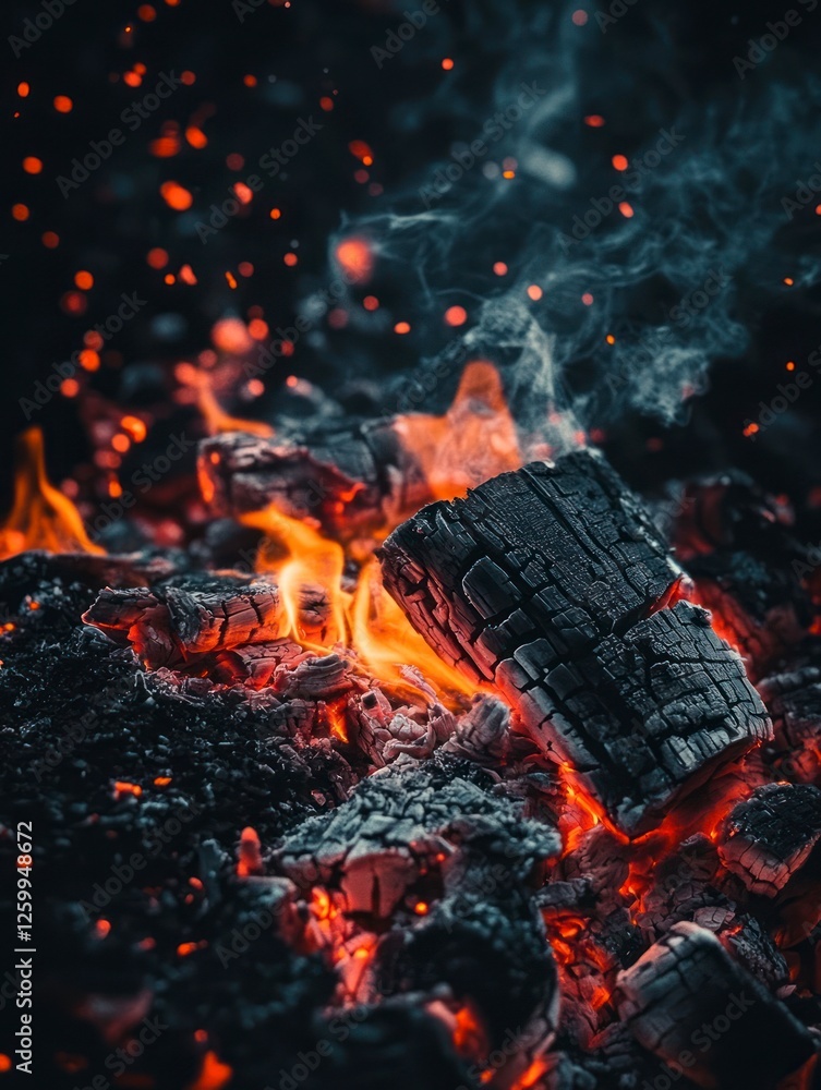 Poster close-up of the flames from an open fire, capturing their dynamic and intense nature. the background