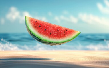 Slice of watermelon with juicy texture, hovering over a softly blurred beach background