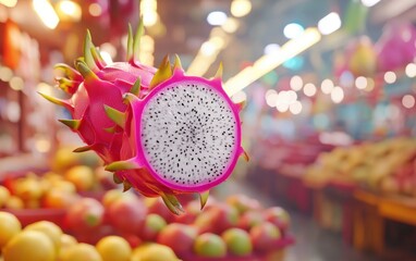 Sliced dragon fruit with vibrant pink skin, floating over a softly blurred tropical market