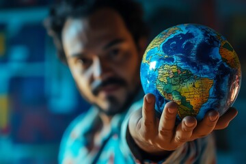 Fototapeta premium A defocused businessman holds a shiny blue globe highlighting Brazil, with vibrant blue line effects, conveying global business and innovation.