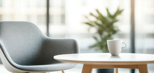modern chair and table set with coffee cup, featuring plant in background, creates serene atmosphere