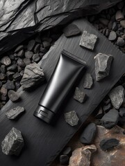 Minimalist Black Cosmetic Tube Positioned on Textured Surface With Dark Stones