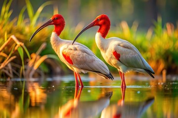 Obraz premium Two Scarlet-Beaked Ibises in Wetland Habitat - Rule of Thirds Composition