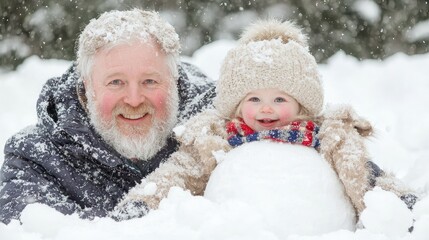 Grandpa and toddler playing in snow, creating snowman. Possible use Family fun in winter