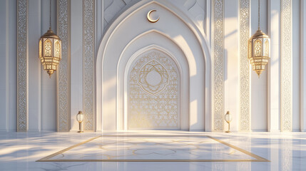 Obraz premium grand mosque interior with golden arches and crescent moon