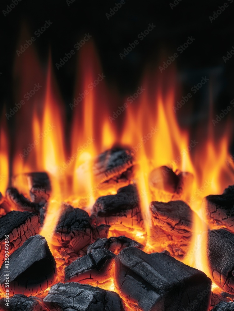 Poster close-up of the flames from an open fire, capturing their dynamic and intense nature. the background
